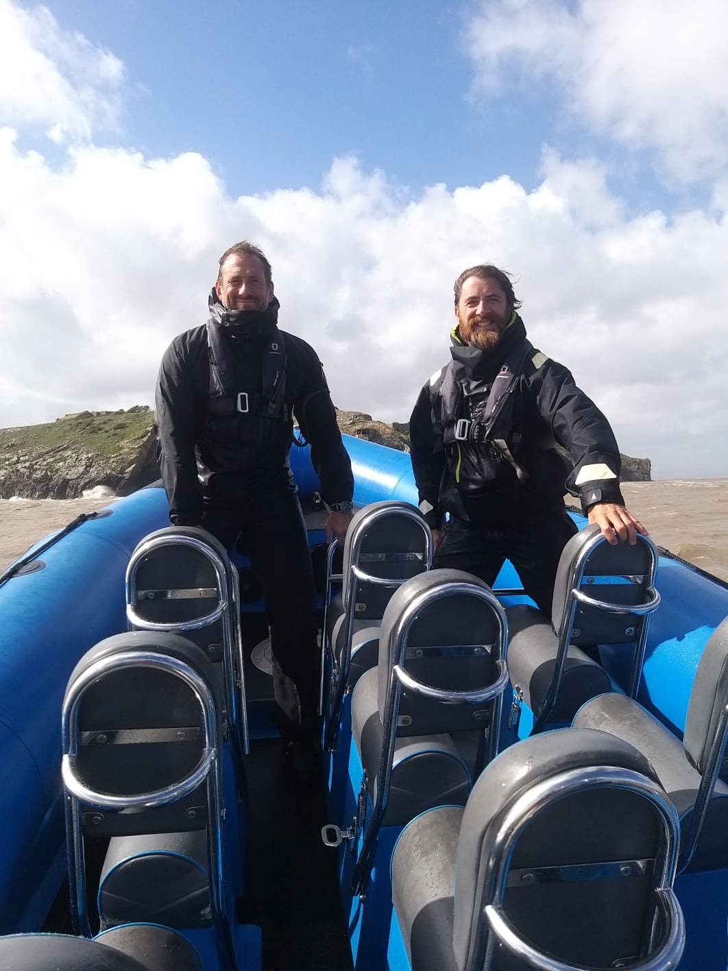 Jason Fox & Aldo Kanę onboard a rib out in the Bristol Channel